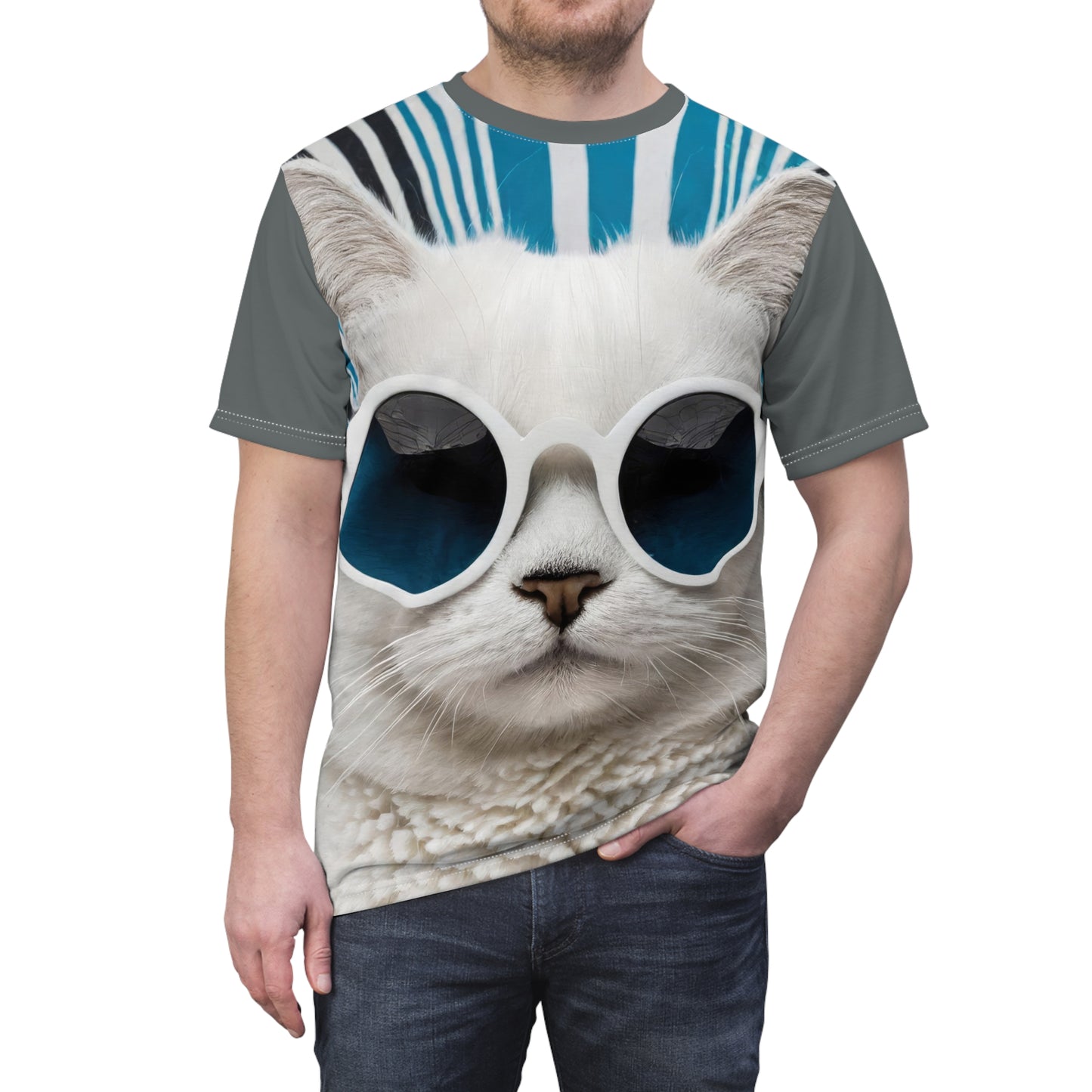 Unisex Cut & Sew Tee shirt (AOP). Gift or present for yourself or loved one. Celebrate your diversity and love of cats with a uniquely designed all over print from Neurodivergent Cats.