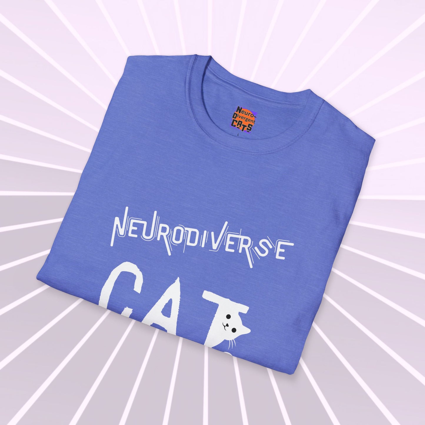 Neurodivergent Cats Text and Graphic Tee shirt. Celebrating neurodiversity in cats and people. Trending T shirts. Unisex Softstyle T-Shirt