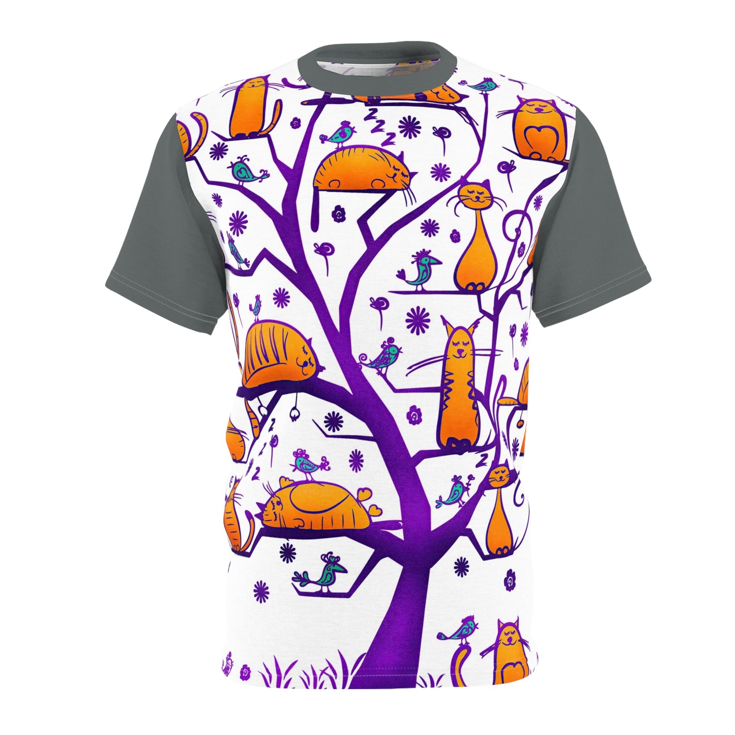 Unisex Cut & Sew Tee shirt (AOP). Gift or present for yourself or loved one. Celebrate your diversity and love of cats with a uniquely designed all over print from Neurodivergent Cats.