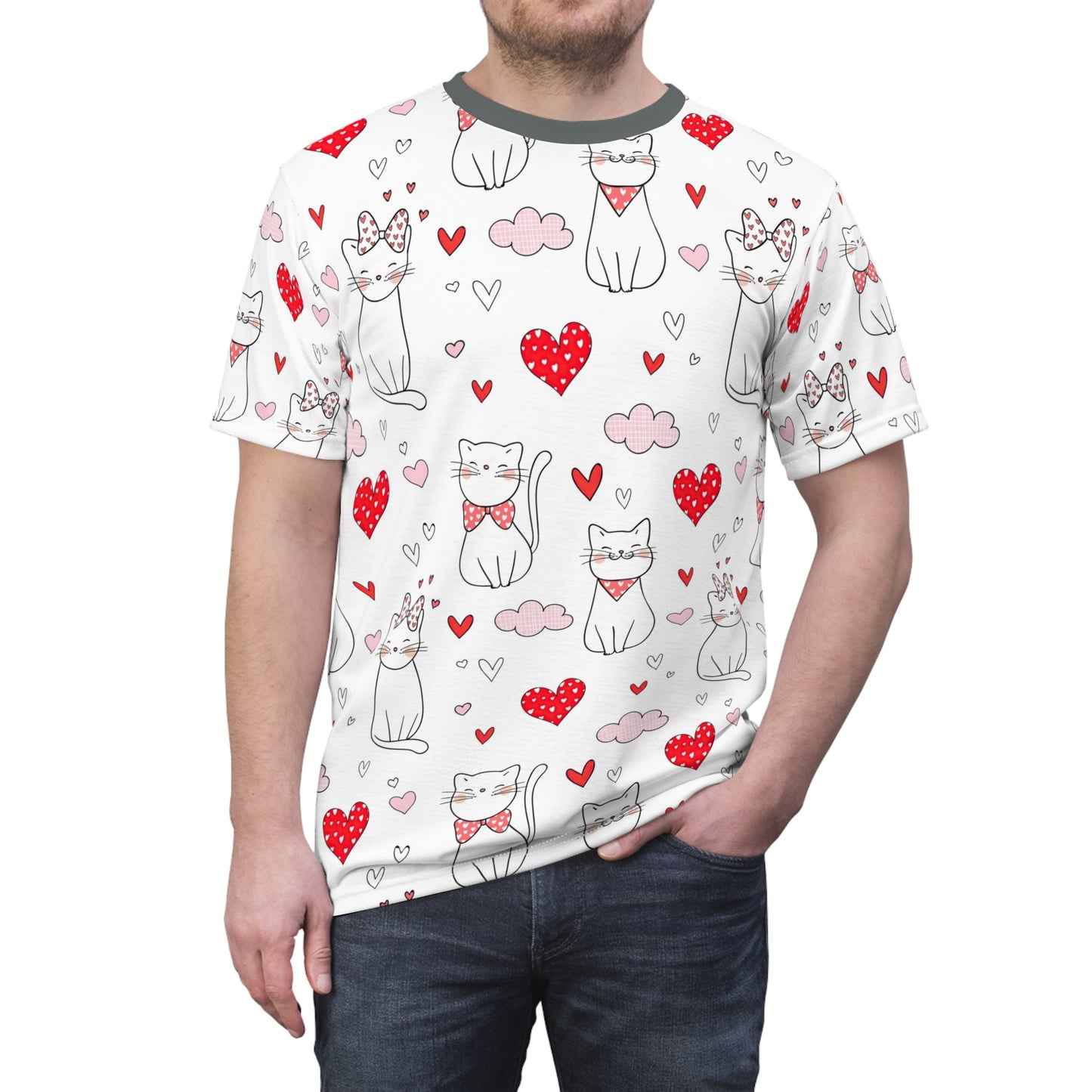 Unisex Cut & Sew Tee shirt (AOP). Gift or present for yourself or loved one. Celebrate your diversity and love of cats with a uniquely designed all over print from Neurodivergent Cats.