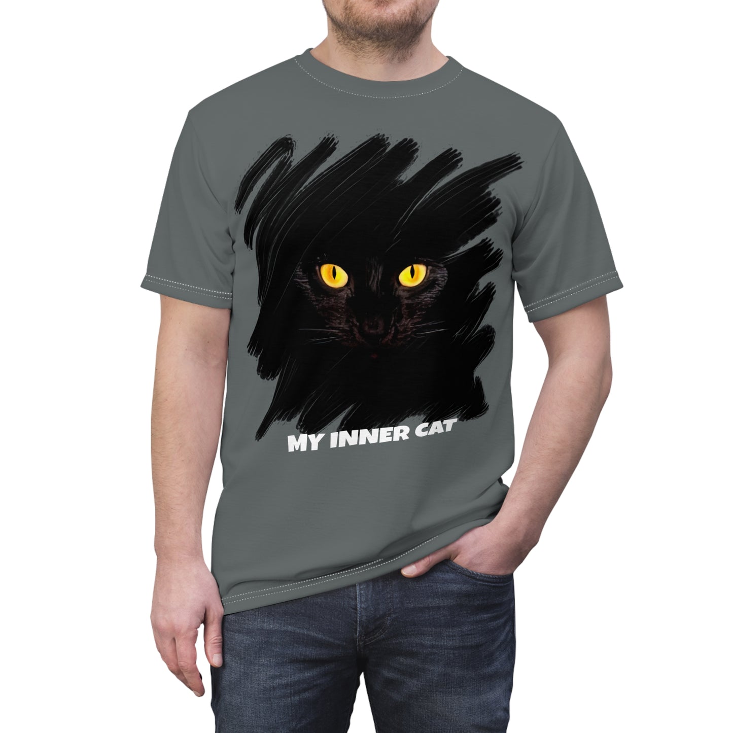 Unisex Cut & Sew Tee shirt (AOP). Gift or present for yourself or loved one. Celebrate your diversity and love of cats with a uniquely designed all over print from Neurodivergent Cats.