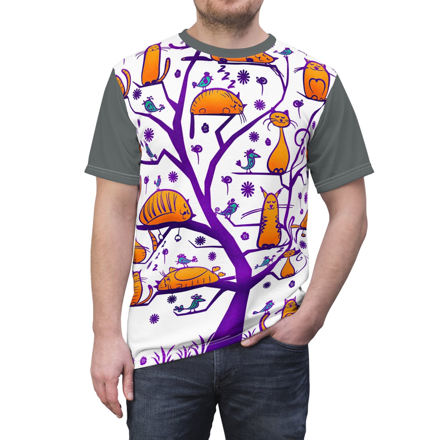 Unisex Cut & Sew Tee shirt (AOP). Gift or present for yourself or loved one. Celebrate your diversity and love of cats with a uniquely designed all over print from Neurodivergent Cats.