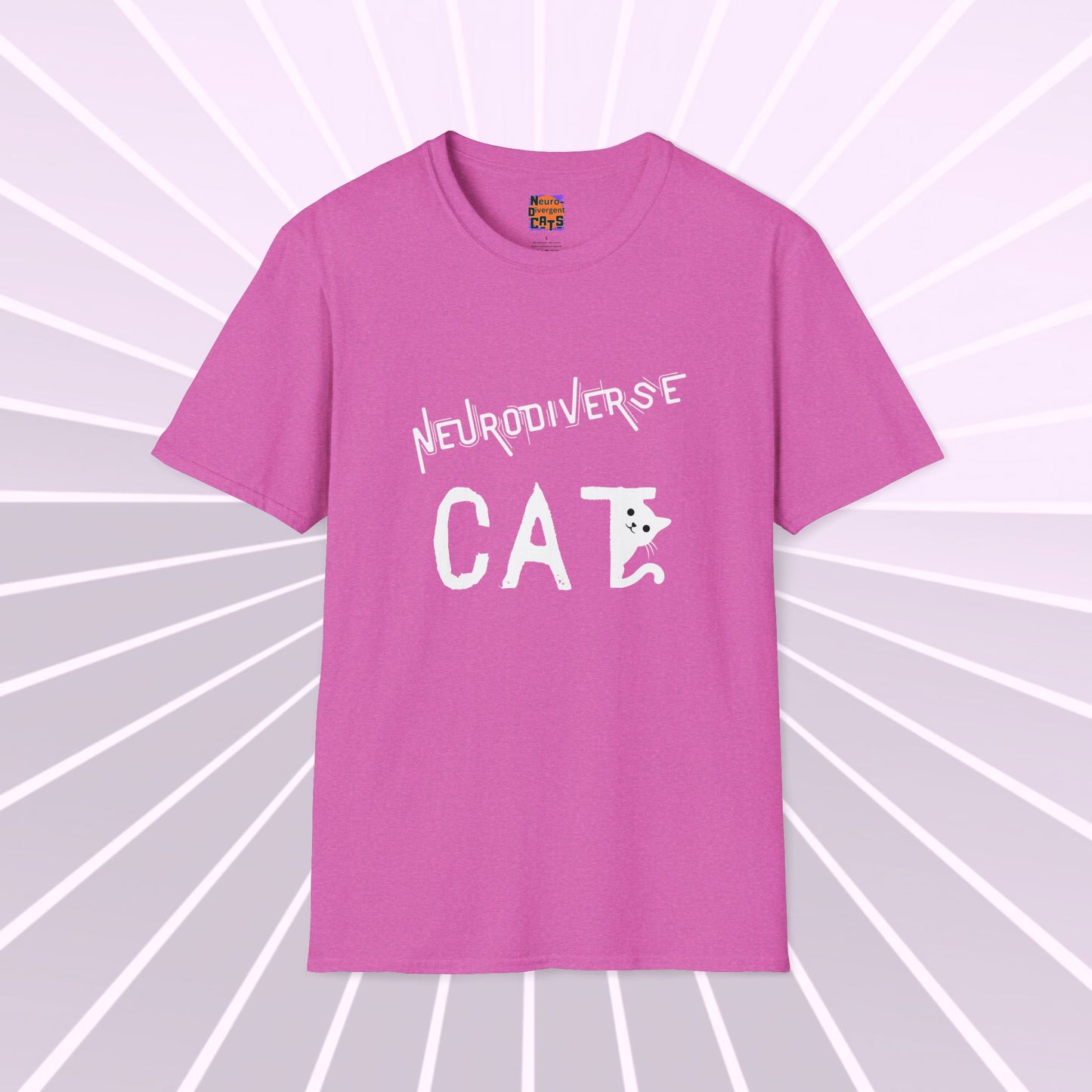 Neurodivergent Cats Text and Graphic Tee shirt. Celebrating neurodiversity in cats and people. Trending T shirts. Unisex Softstyle T-Shirt