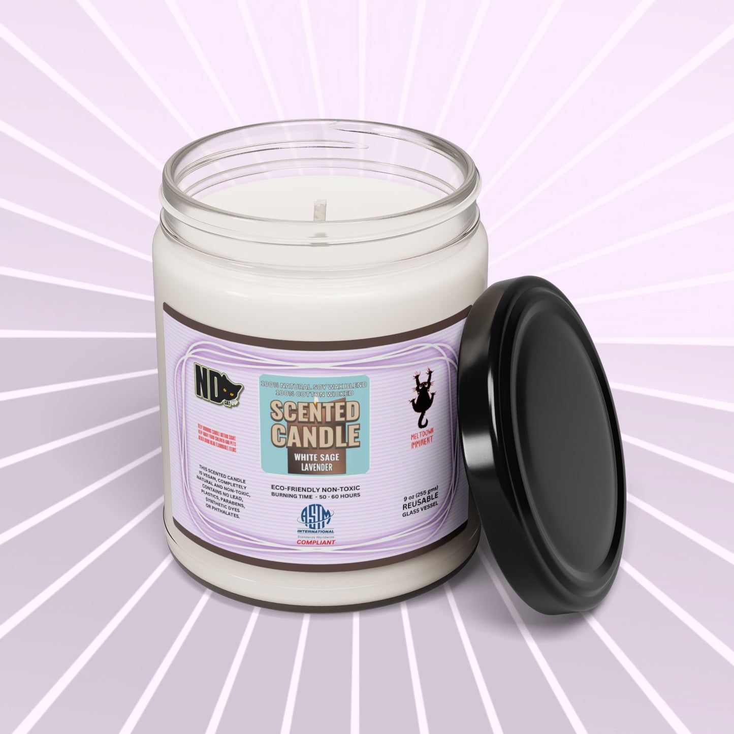 Eco-friendly non-toxic 50 to 60 hour Scented Soy Candle, 9oz (255gm) with aromatic scent "White Sage Lavender". Stunning gift or present for yourself, family, friends or acquaintances.