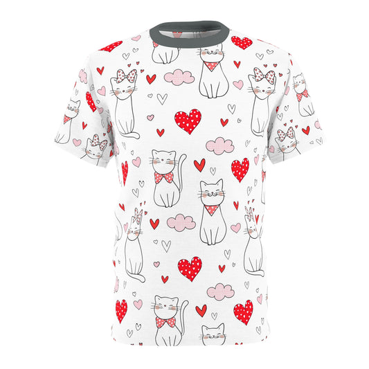 Unisex Cut & Sew Tee shirt (AOP). Gift or present for yourself or loved one. Celebrate your diversity and love of cats with a uniquely designed all over print from Neurodivergent Cats.