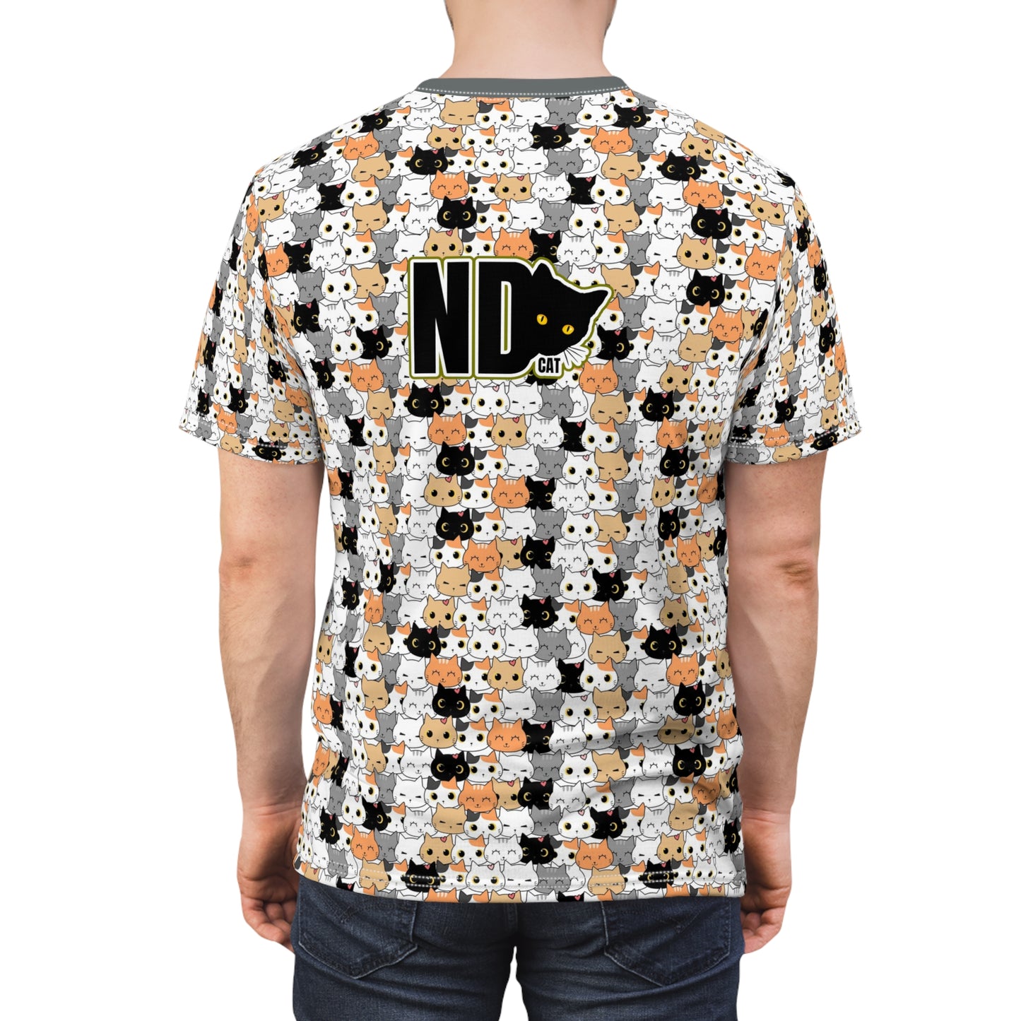 Unisex Cut & Sew Tee shirt (AOP). Gift or present for yourself or loved one. Celebrate your diversity and love of cats with a uniquely designed all over print from Neurodivergent Cats.