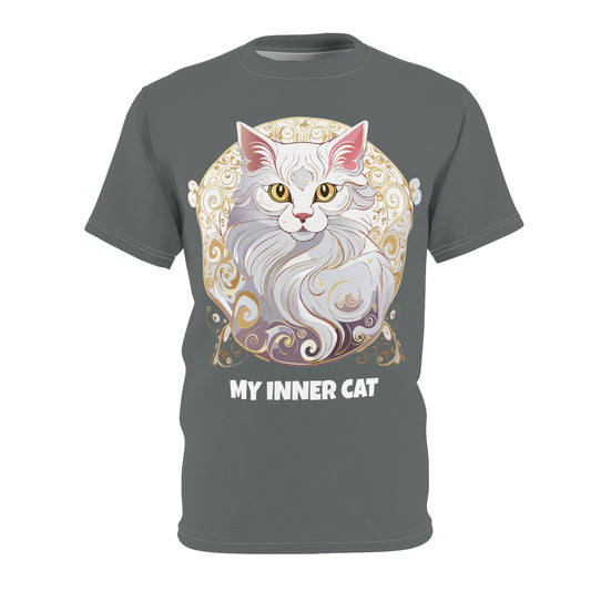 Unisex Cut & Sew Tee shirt (AOP). Gift or present for yourself or loved one. Celebrate your diversity and love of cats with a uniquely designed all over print from Neurodivergent Cats.