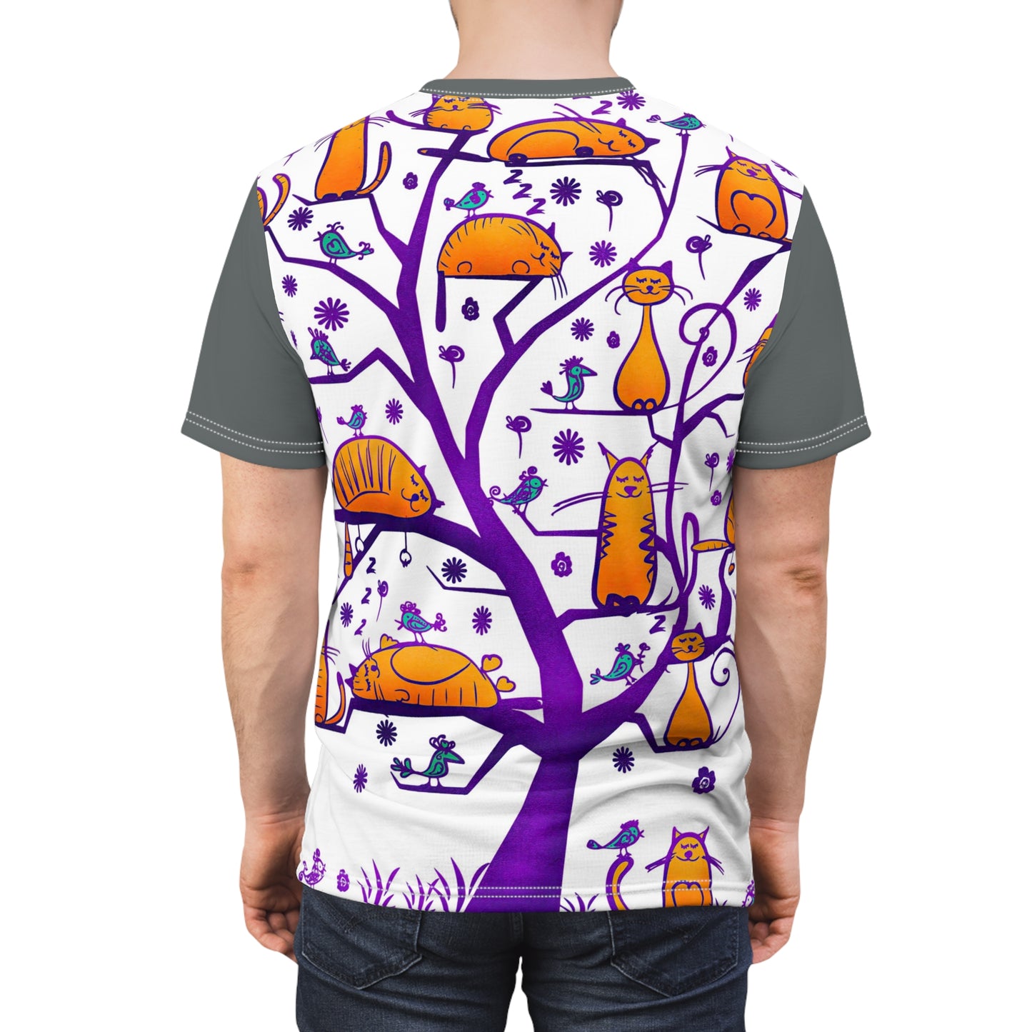 Unisex Cut & Sew Tee shirt (AOP). Gift or present for yourself or loved one. Celebrate your diversity and love of cats with a uniquely designed all over print from Neurodivergent Cats.