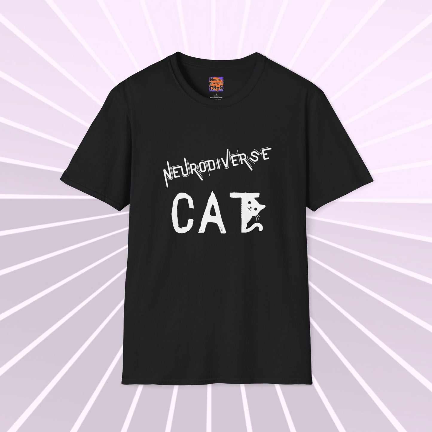 Neurodivergent Cats Text and Graphic Tee shirt. Celebrating neurodiversity in cats and people. Trending T shirts. Unisex Softstyle T-Shirt