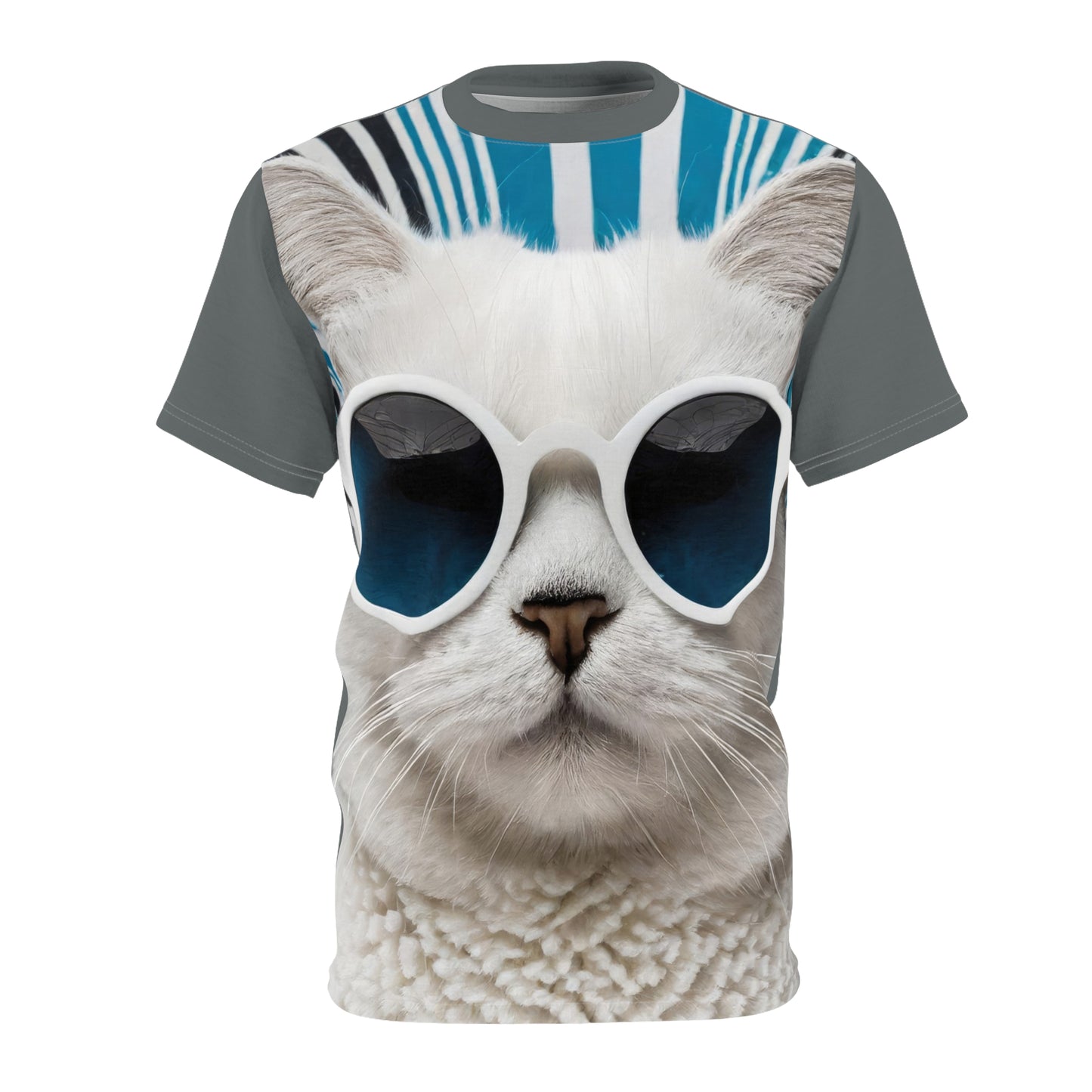 Unisex Cut & Sew Tee shirt (AOP). Gift or present for yourself or loved one. Celebrate your diversity and love of cats with a uniquely designed all over print from Neurodivergent Cats.