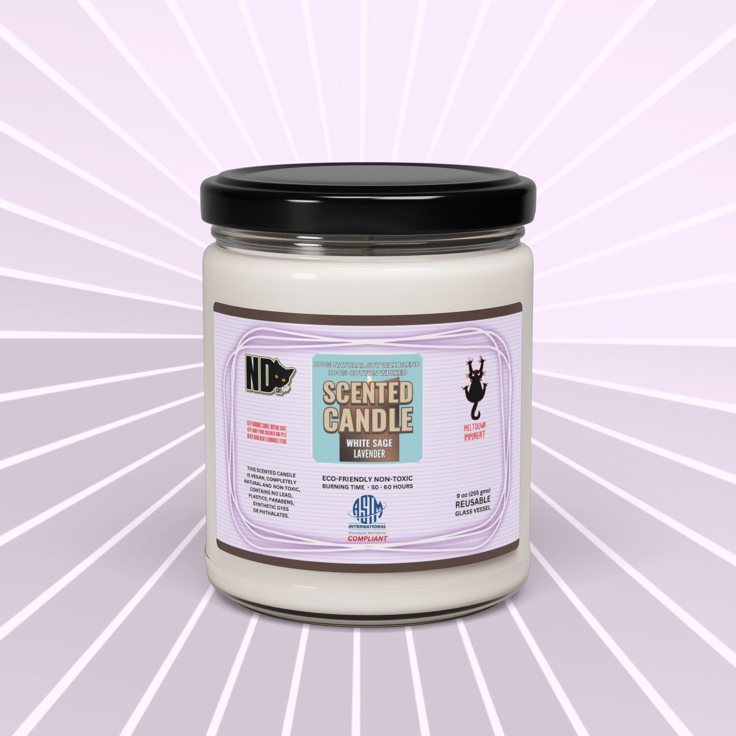 Eco-friendly non-toxic 50 to 60 hour Scented Soy Candle, 9oz (255gm) with aromatic scent "White Sage Lavender". Stunning gift or present for yourself, family, friends or acquaintances.