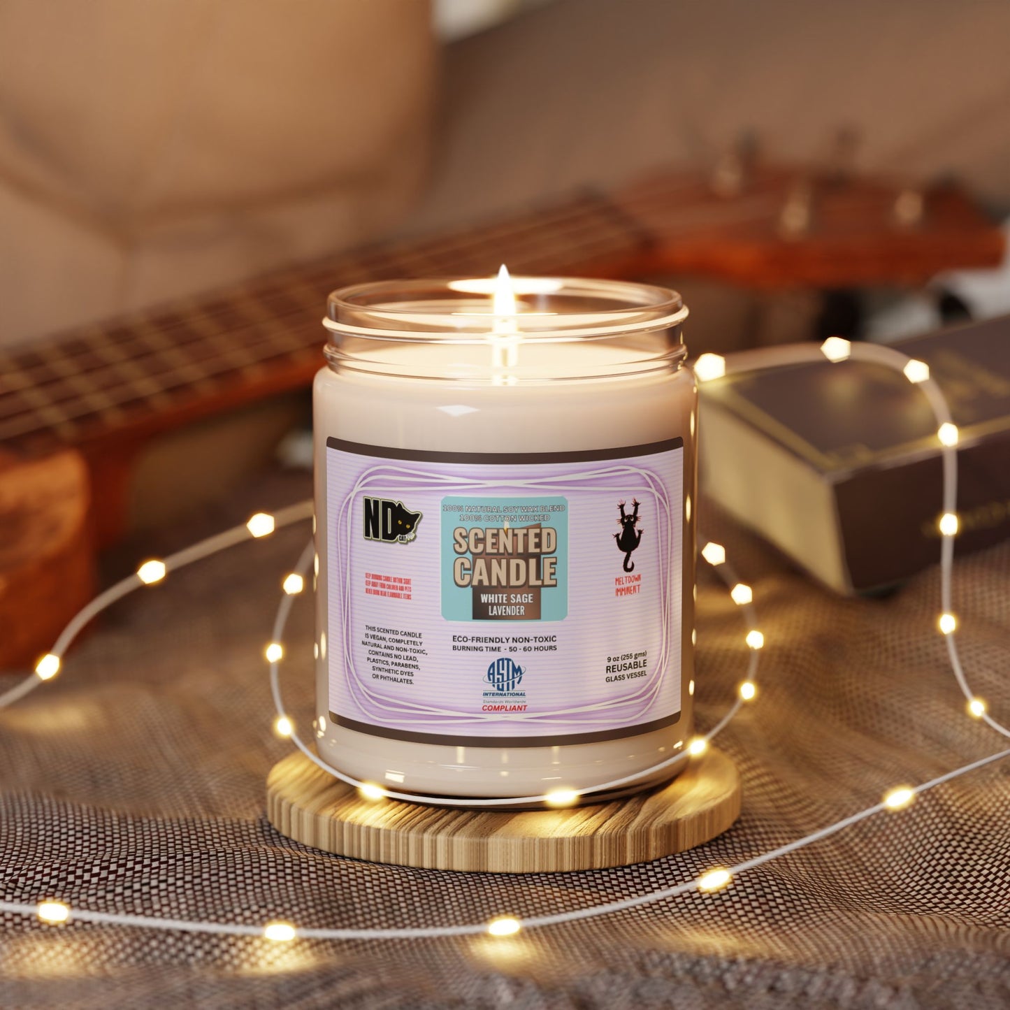 Eco-friendly non-toxic 50 to 60 hour Scented Soy Candle, 9oz (255gm) with aromatic scent "White Sage Lavender". Stunning gift or present for yourself, family, friends or acquaintances.