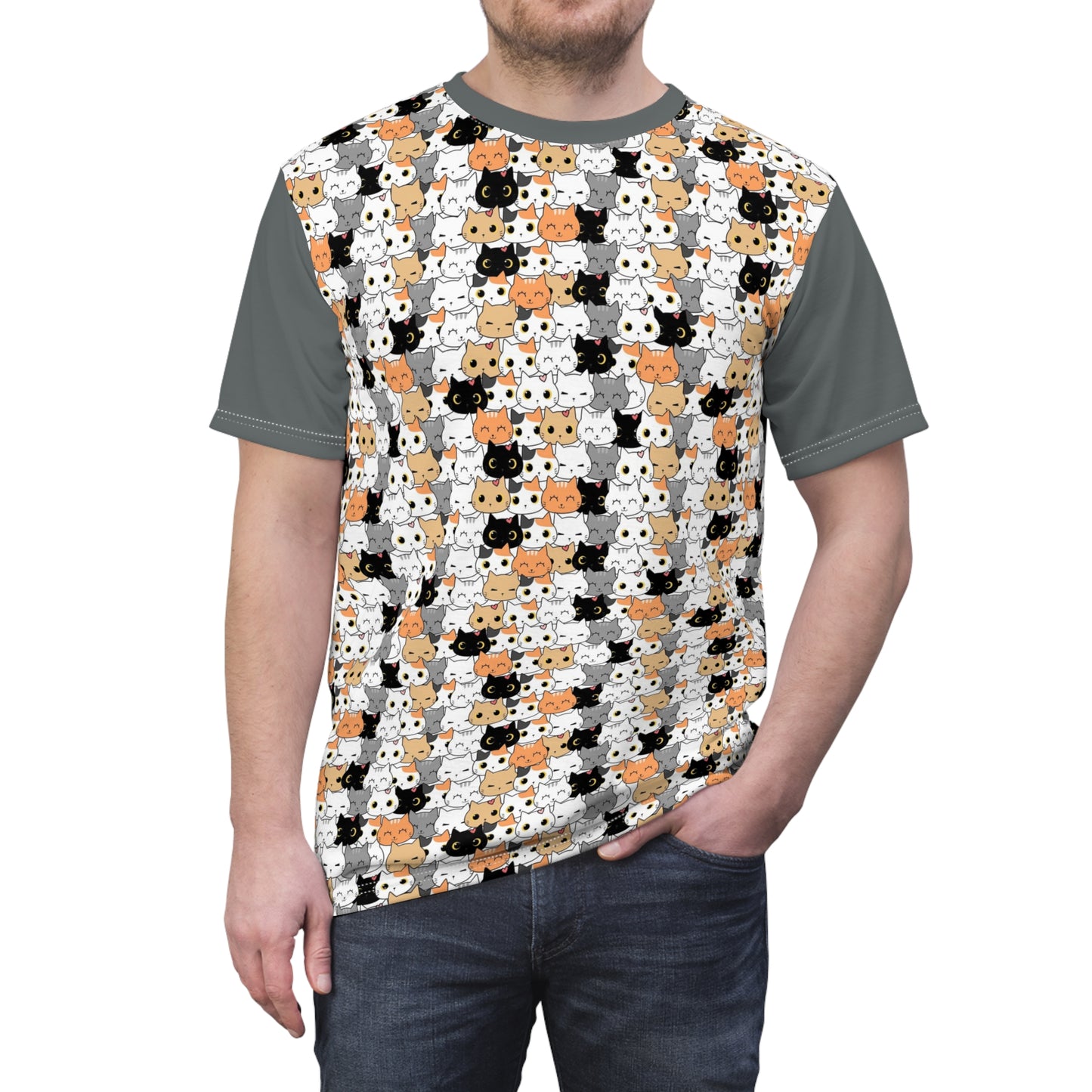 Unisex Cut & Sew Tee shirt (AOP). Gift or present for yourself or loved one. Celebrate your diversity and love of cats with a uniquely designed all over print from Neurodivergent Cats.