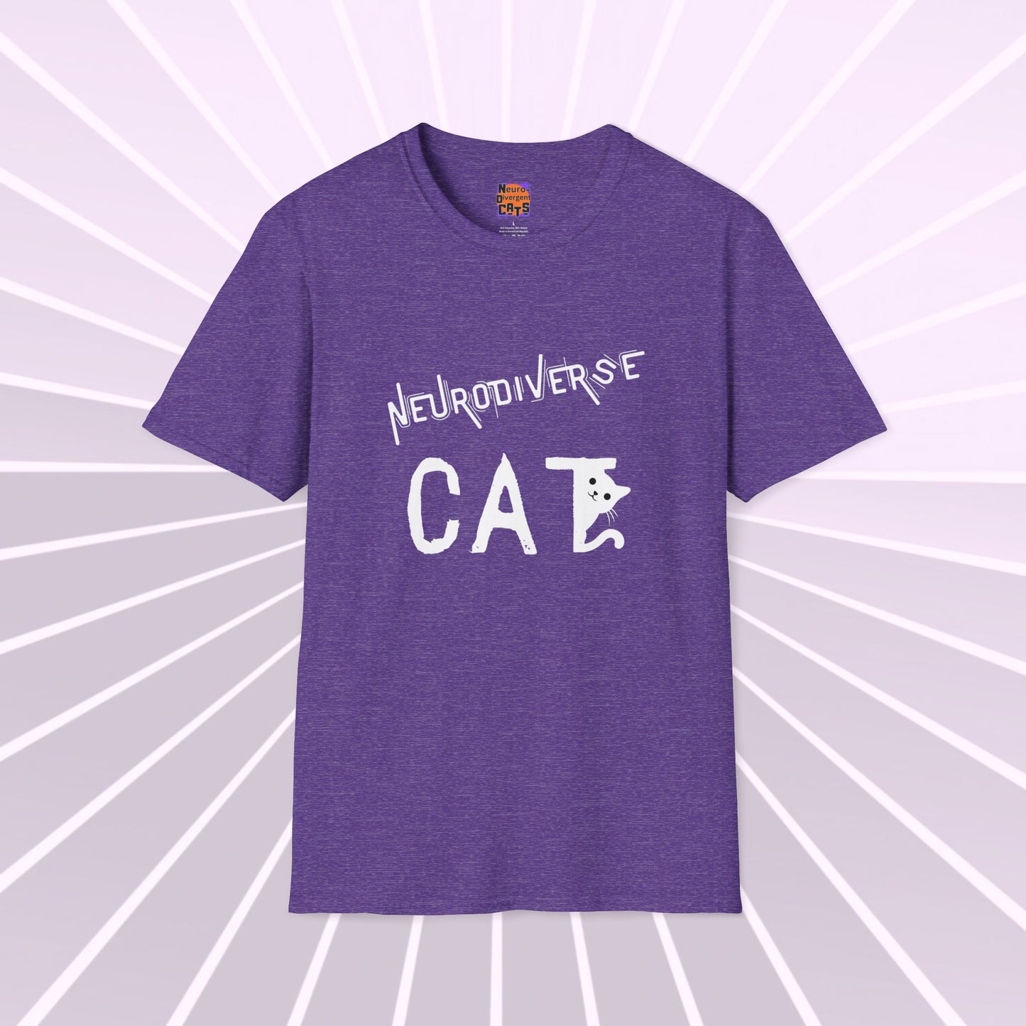 Neurodivergent Cats Text and Graphic Tee shirt. Celebrating neurodiversity in cats and people. Trending T shirts. Unisex Softstyle T-Shirt