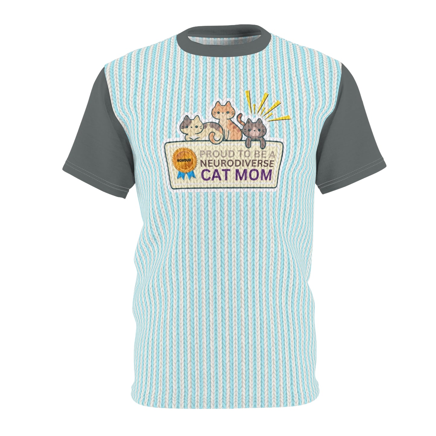 Unisex Cut & Sew Tee shirt (AOP). Gift or present for yourself or loved one. Celebrate your diversity and love of cats with a uniquely designed all over print from Neurodivergent Cats.