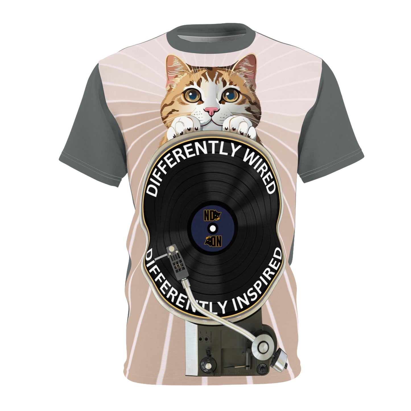 Unisex Cut & Sew Tee shirt (AOP). Gift or present for yourself or loved one. Celebrate your diversity and love of cats with a uniquely designed all over print from Neurodivergent Cats.