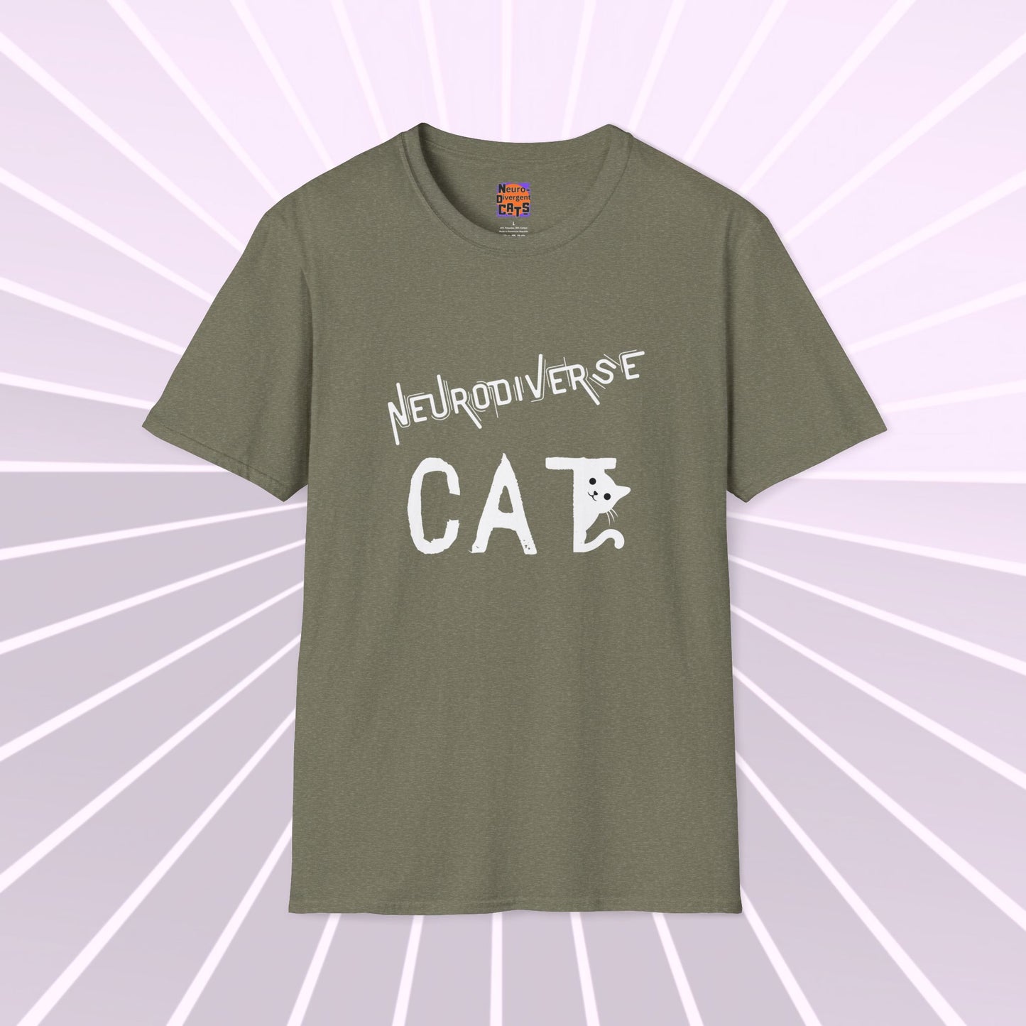 Neurodivergent Cats Text and Graphic Tee shirt. Celebrating neurodiversity in cats and people. Trending T shirts. Unisex Softstyle T-Shirt