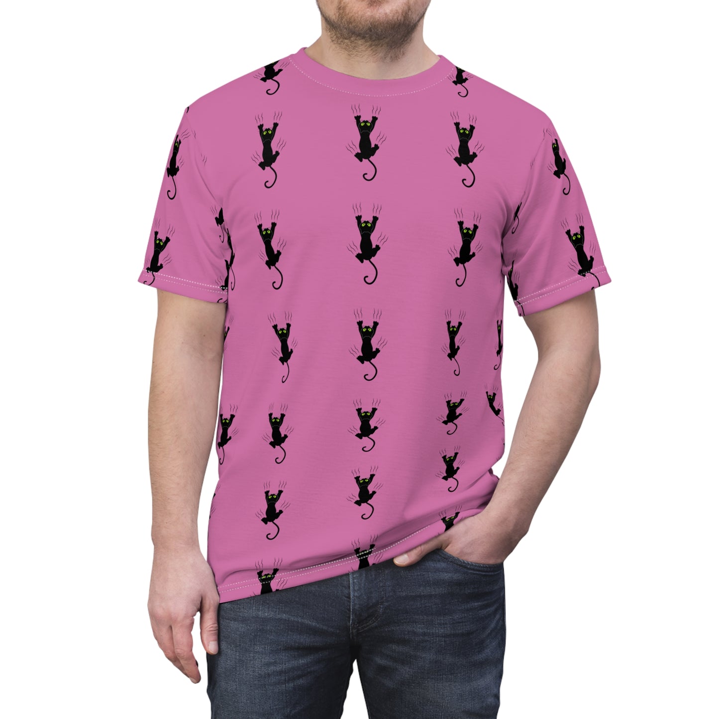 Unisex Cut & Sew Tee shirt (AOP). Gift or present for yourself or loved one. Celebrate your diversity and love of cats with a uniquely designed all over print from Neurodivergent Cats.