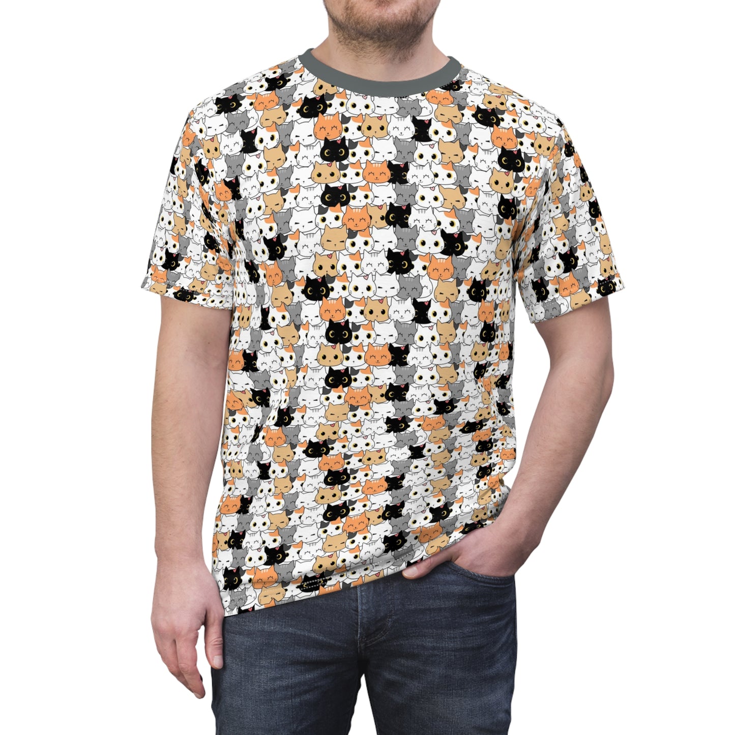 Unisex Cut & Sew Tee shirt (AOP). Gift or present for yourself or loved one. Celebrate your diversity and love of cats with a uniquely designed all over print from Neurodivergent Cats.