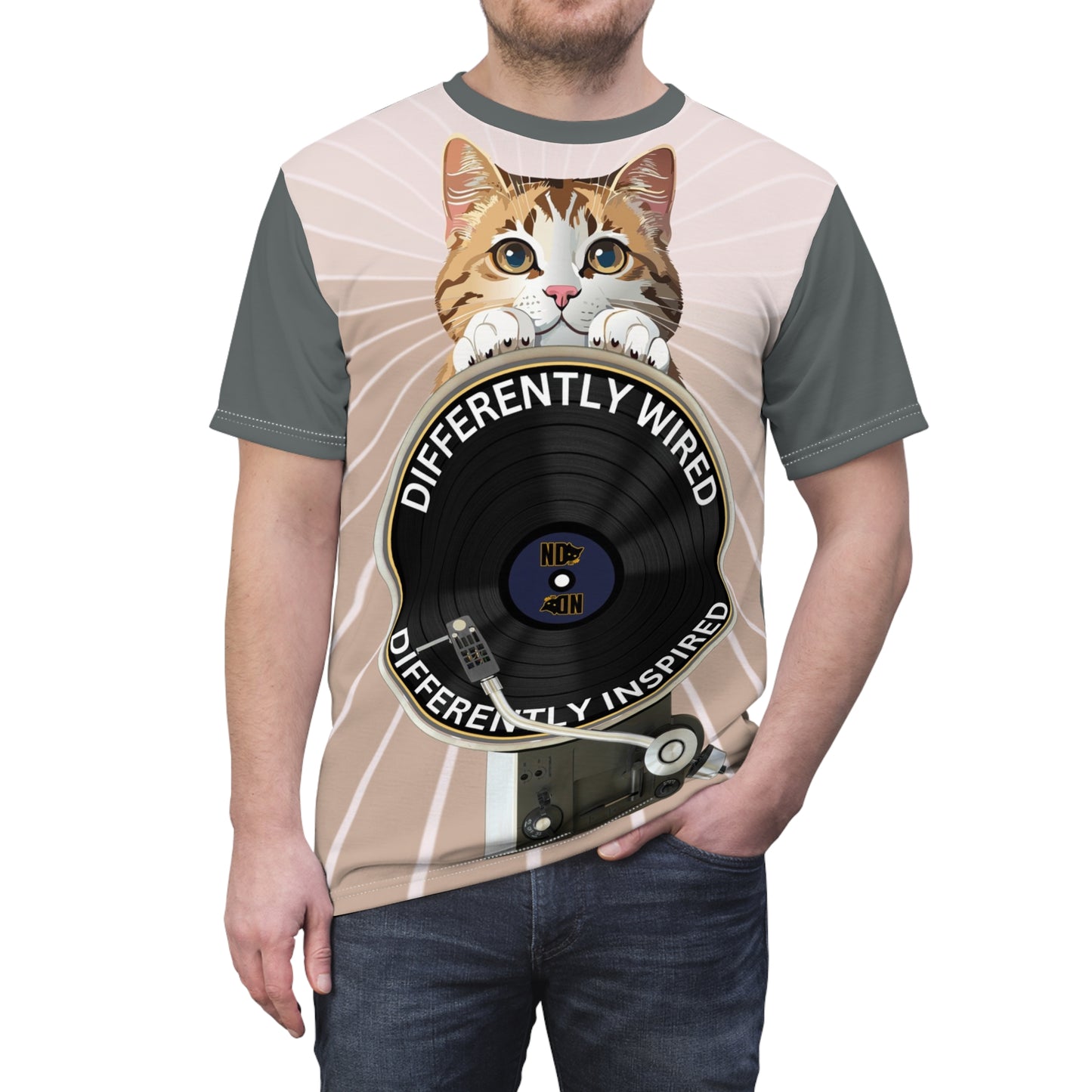 Unisex Cut & Sew Tee shirt (AOP). Gift or present for yourself or loved one. Celebrate your diversity and love of cats with a uniquely designed all over print from Neurodivergent Cats.