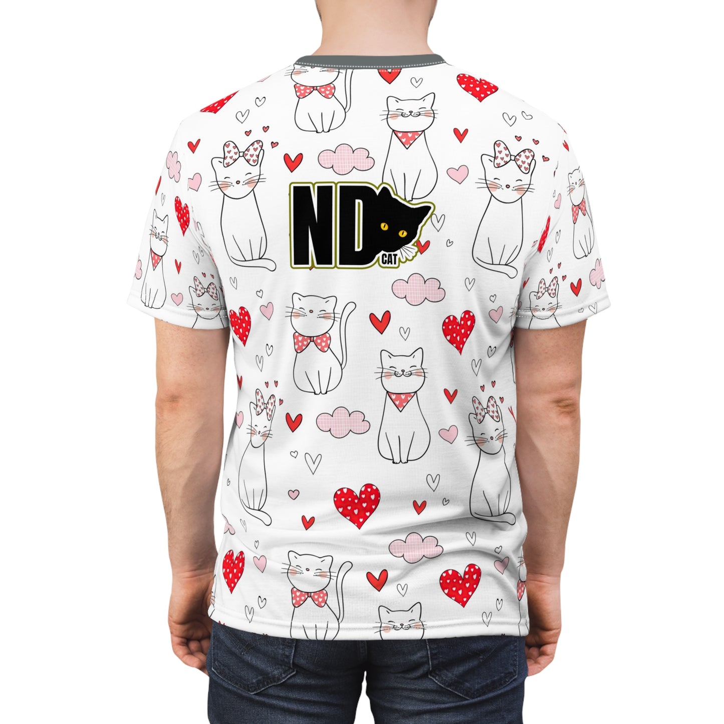 Unisex Cut & Sew Tee shirt (AOP). Gift or present for yourself or loved one. Celebrate your diversity and love of cats with a uniquely designed all over print from Neurodivergent Cats.