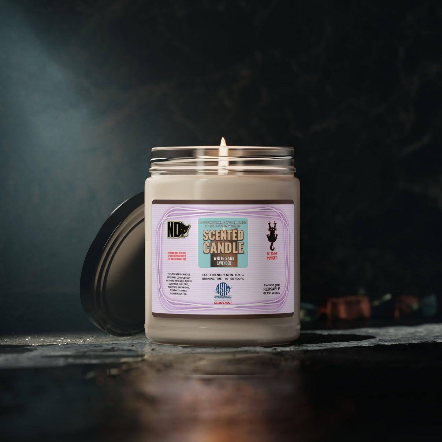 Eco-friendly non-toxic 50 to 60 hour Scented Soy Candle, 9oz (255gm) with aromatic scent "White Sage Lavender". Stunning gift or present for yourself, family, friends or acquaintances.