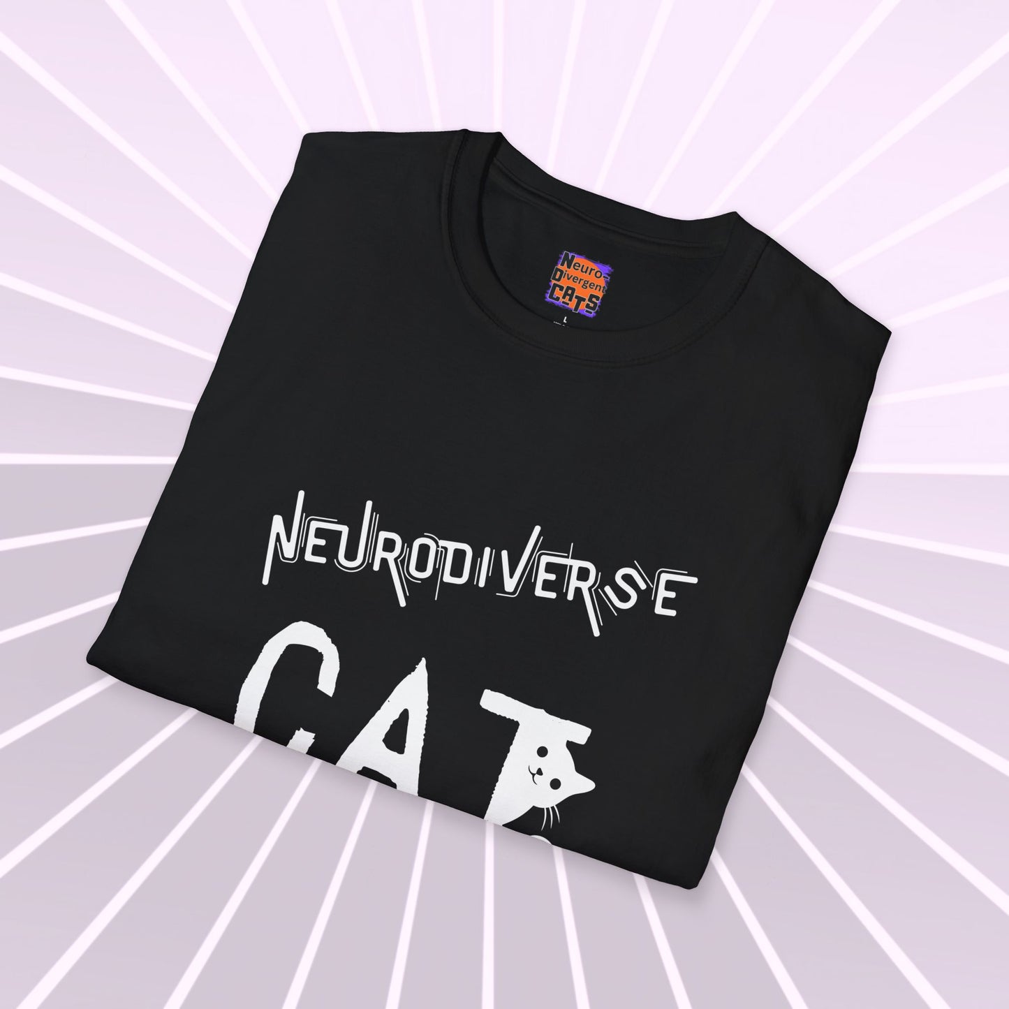 Neurodivergent Cats Text and Graphic Tee shirt. Celebrating neurodiversity in cats and people. Trending T shirts. Unisex Softstyle T-Shirt