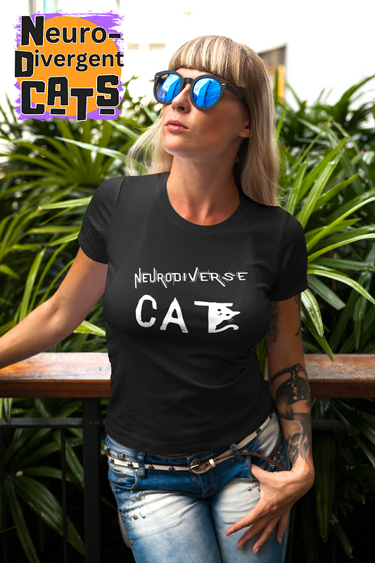 Neurodivergent Cats Text and Graphic Tee shirt. Celebrating neurodiversity in cats and people. Trending T shirts. Unisex Softstyle T-Shirt