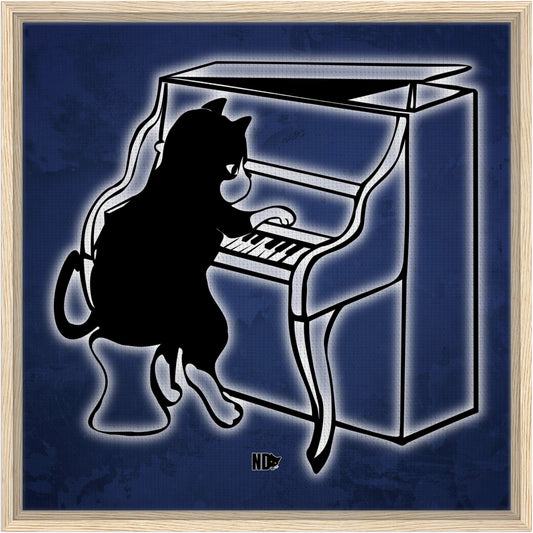 Framed upmarket stylish canvas wall decor hanging for gift or present to yourself or a loved one from Neurodivergent Cats. Neurodivergent Cat Glow Series 10 Piano Cat.